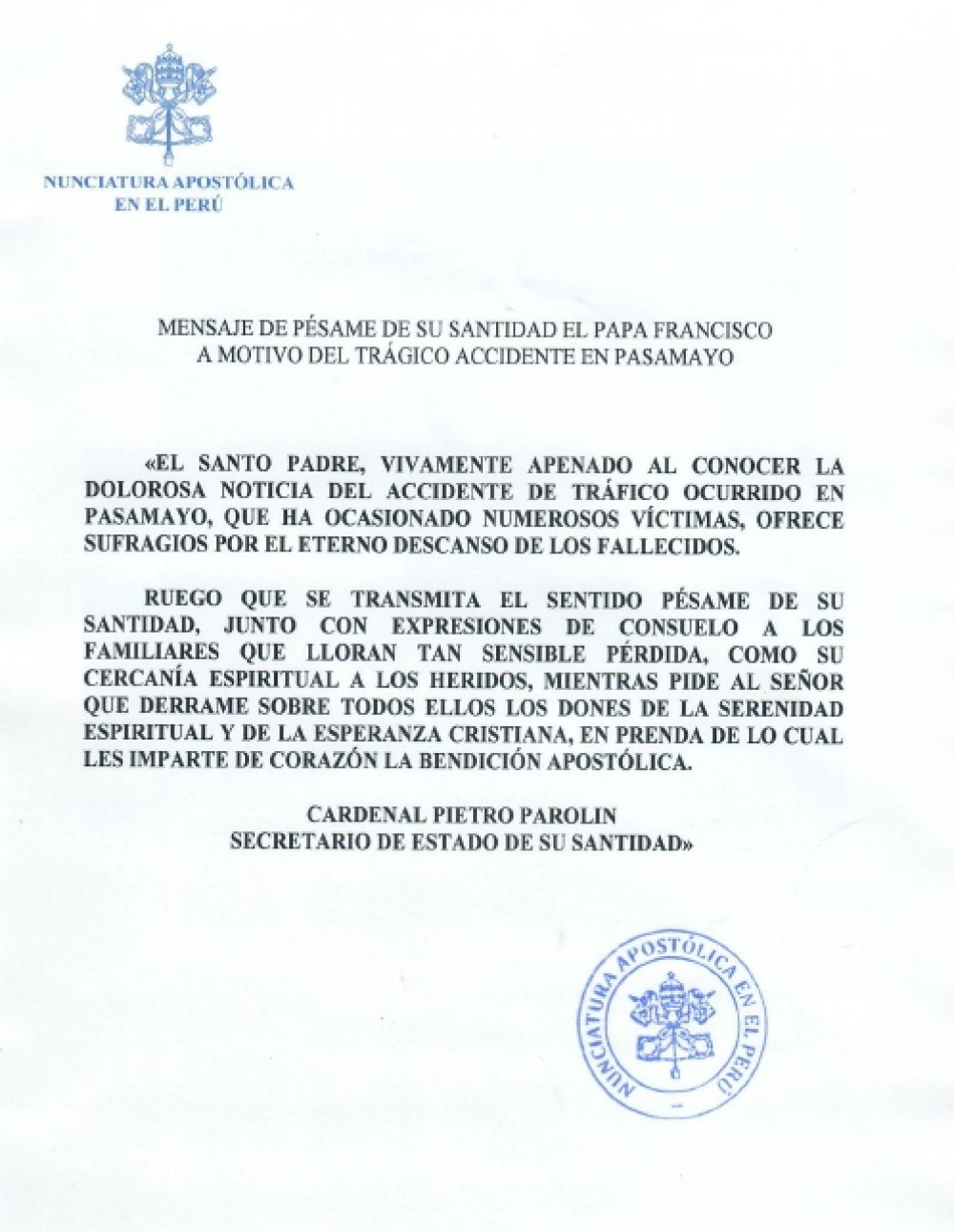 Pésame enviado por el papa Francisco a las familias de las víctimas del accidente en Pasamayo. (Difusión)