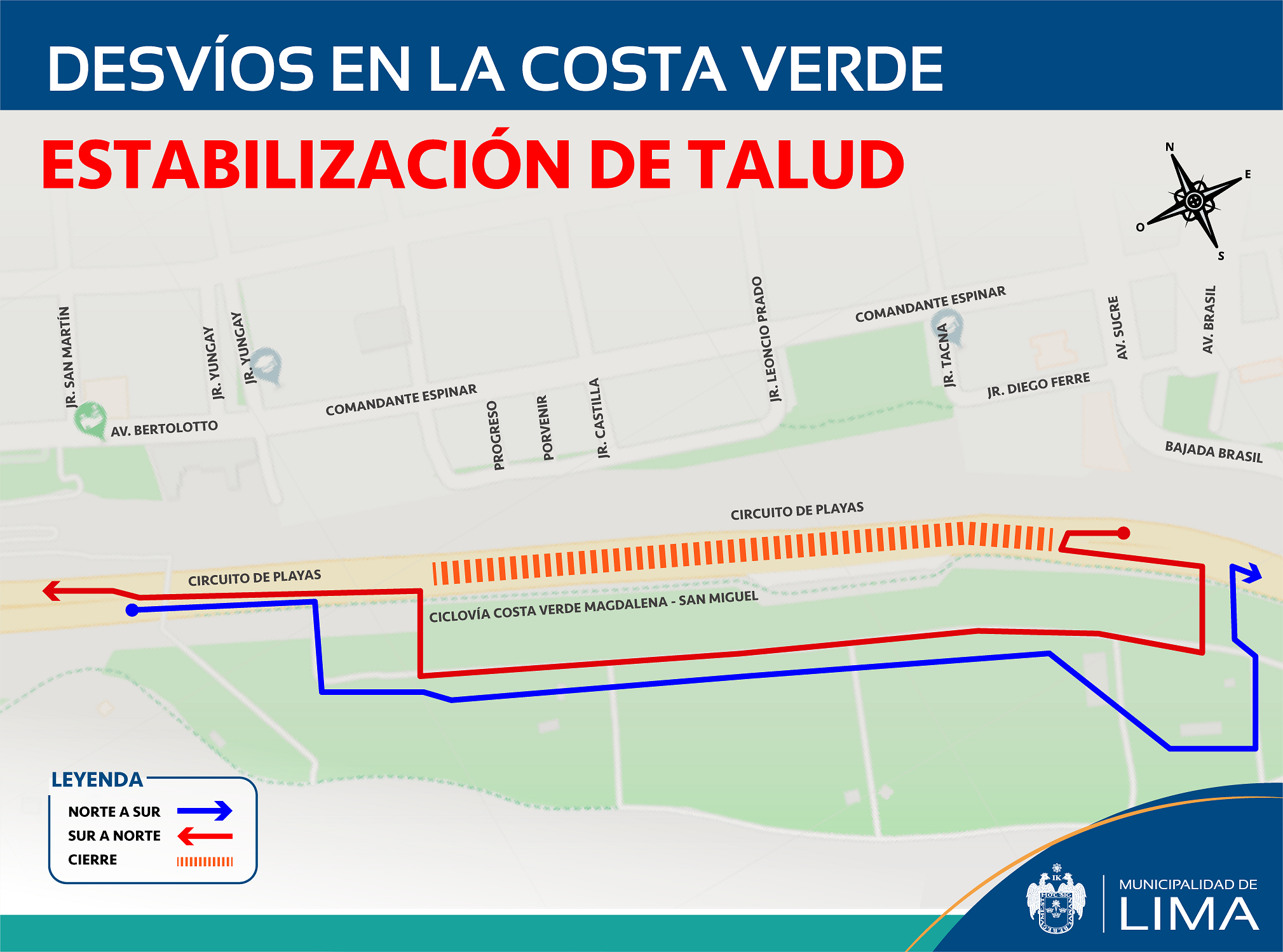Plan de desvío mientras se realiza la estabilización de taludes en acantilado del malecón Castagnola.
