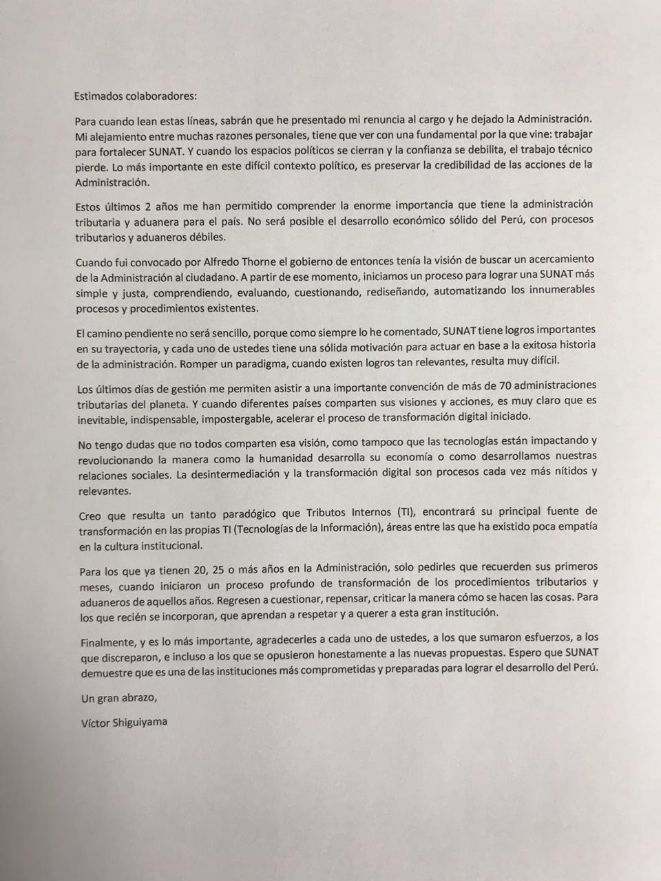 La carta enviada a sus trabajadores. (Foto: USI)