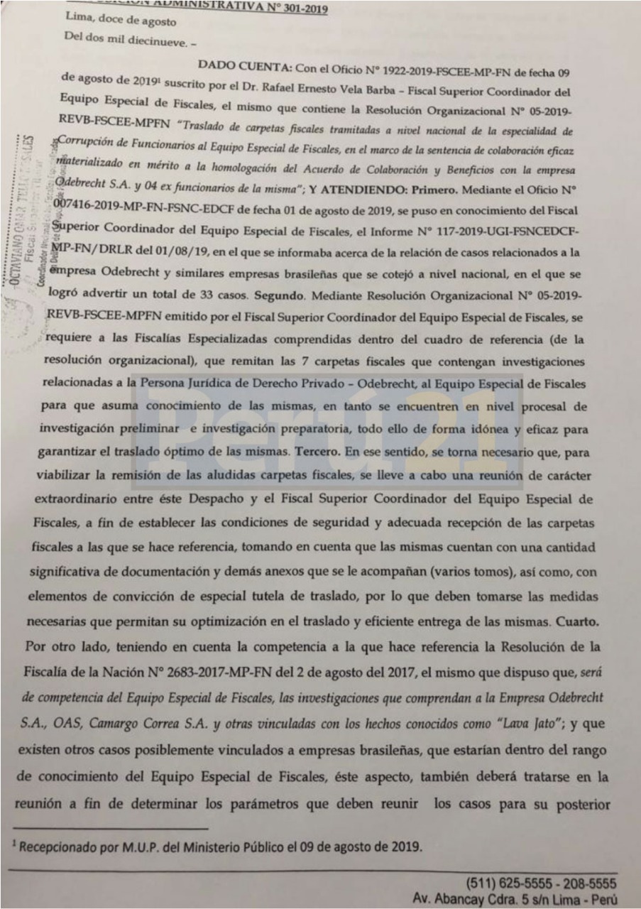 Documento enviado el 12 de agosto por el fiscal superior Omar Tello.