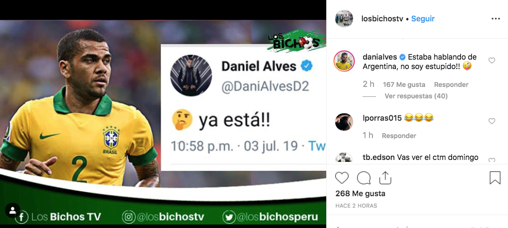 Dani Alves dice que tuit fue para Argentina. (Los Bichos TV)