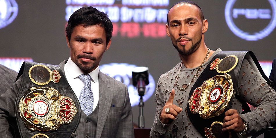 Pacquiao y Thurman antes de la gran pelea en Las Vegas por el título Peso Wélter. (AFP)