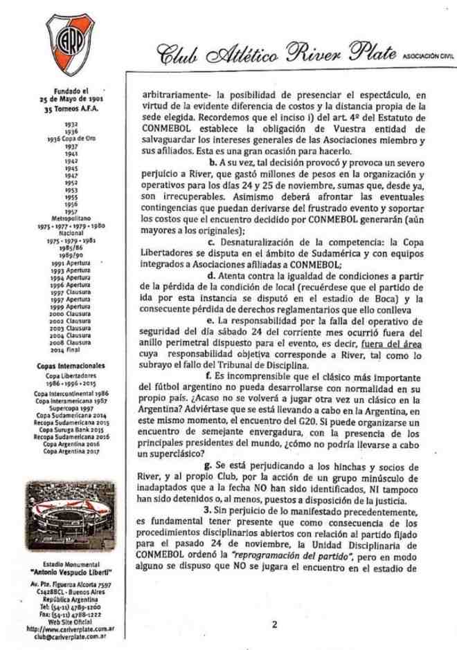 El documento que presentó River Plate a Conmebol (Foto: Olé).