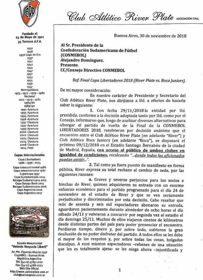 El documento que presentó River Plate a Conmebol (Foto: Olé).