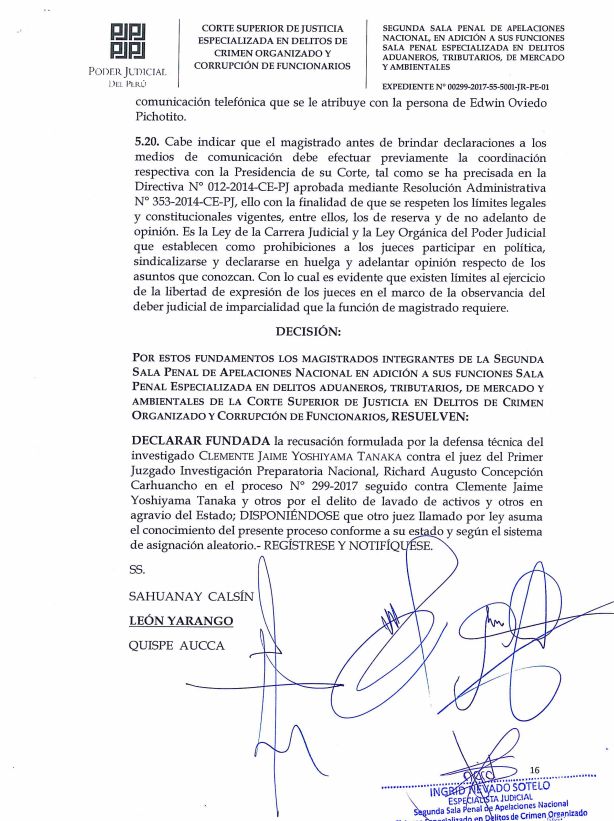 Resolución de Segunda Sala de Apelaciones sobre recusación a juez Richard Concepción Carhuancho.