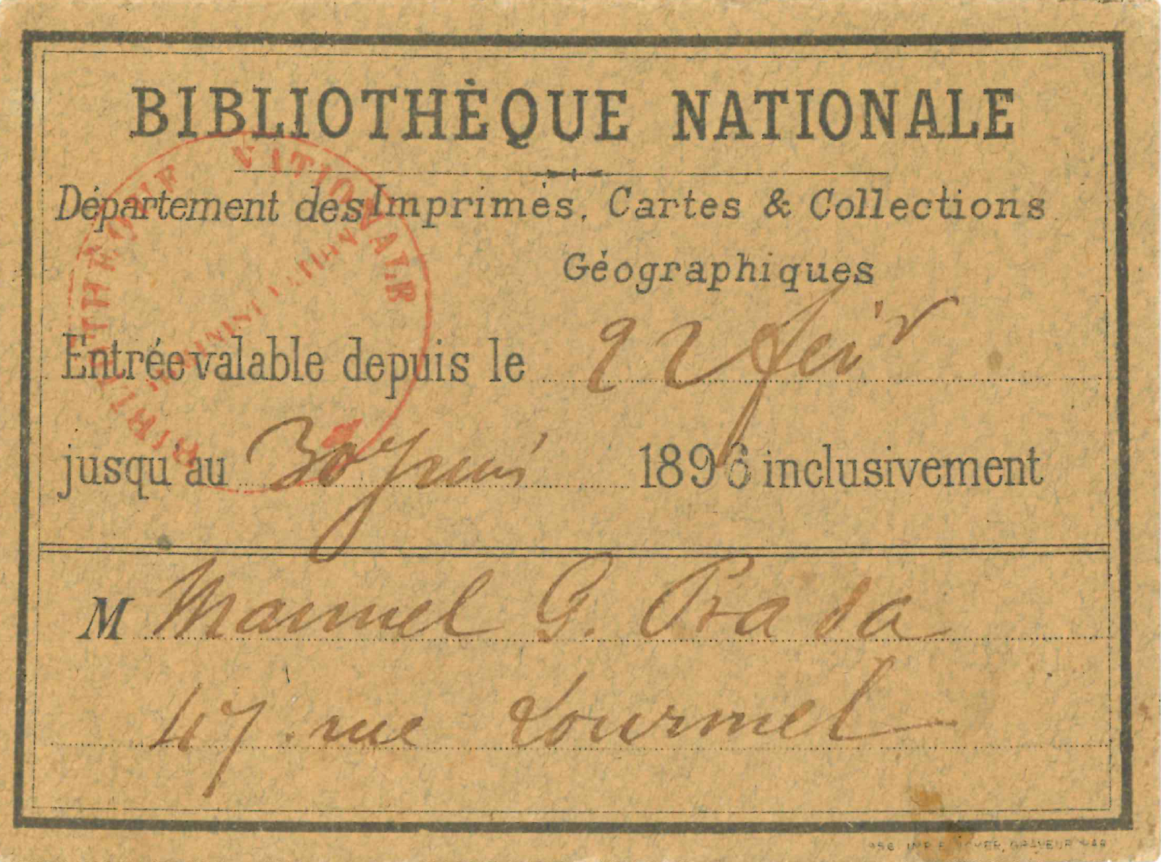 Carnet de lector de Manuel González Prada de la Biblioteca Nacional de Francia. 1896. Colección Casa Museo Haya de la Torre.