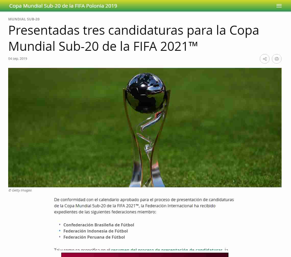 Perú podría ser sede del próximo Mundial sub 20 de la FIFA.