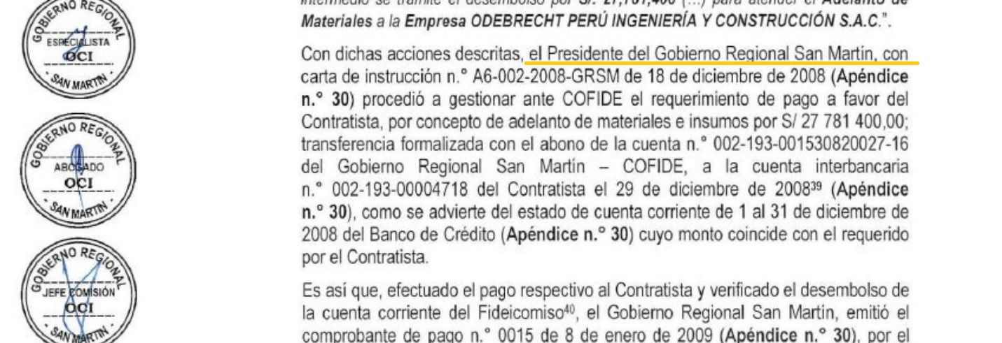 Este fue el primer pago que tramitó César Villanueva para Odebrecht.