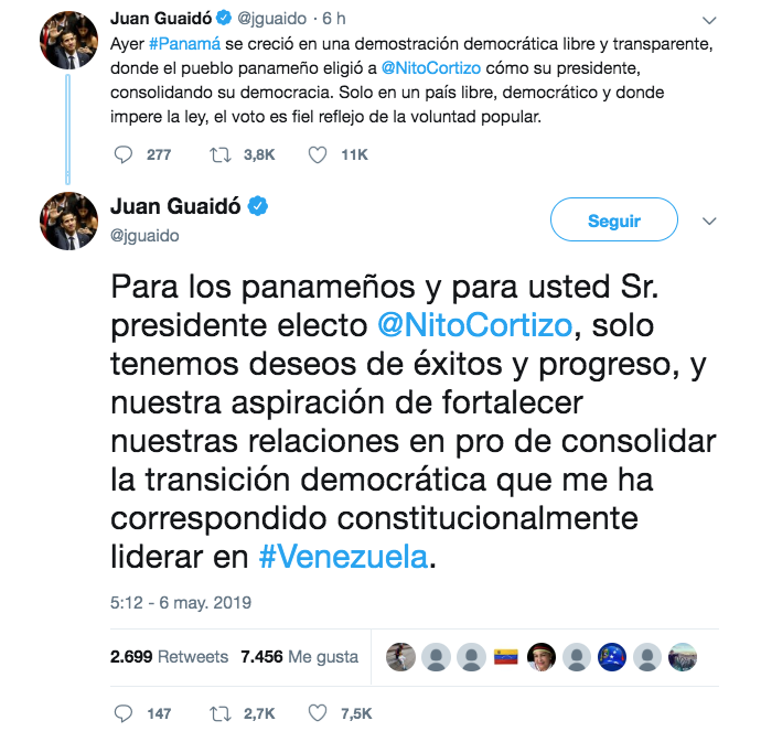 "Solo tenemos deseos de éxitos y progreso, y nuestra aspiración de fortalecer nuestras relaciones", comentó Guaidó. (Twitter)