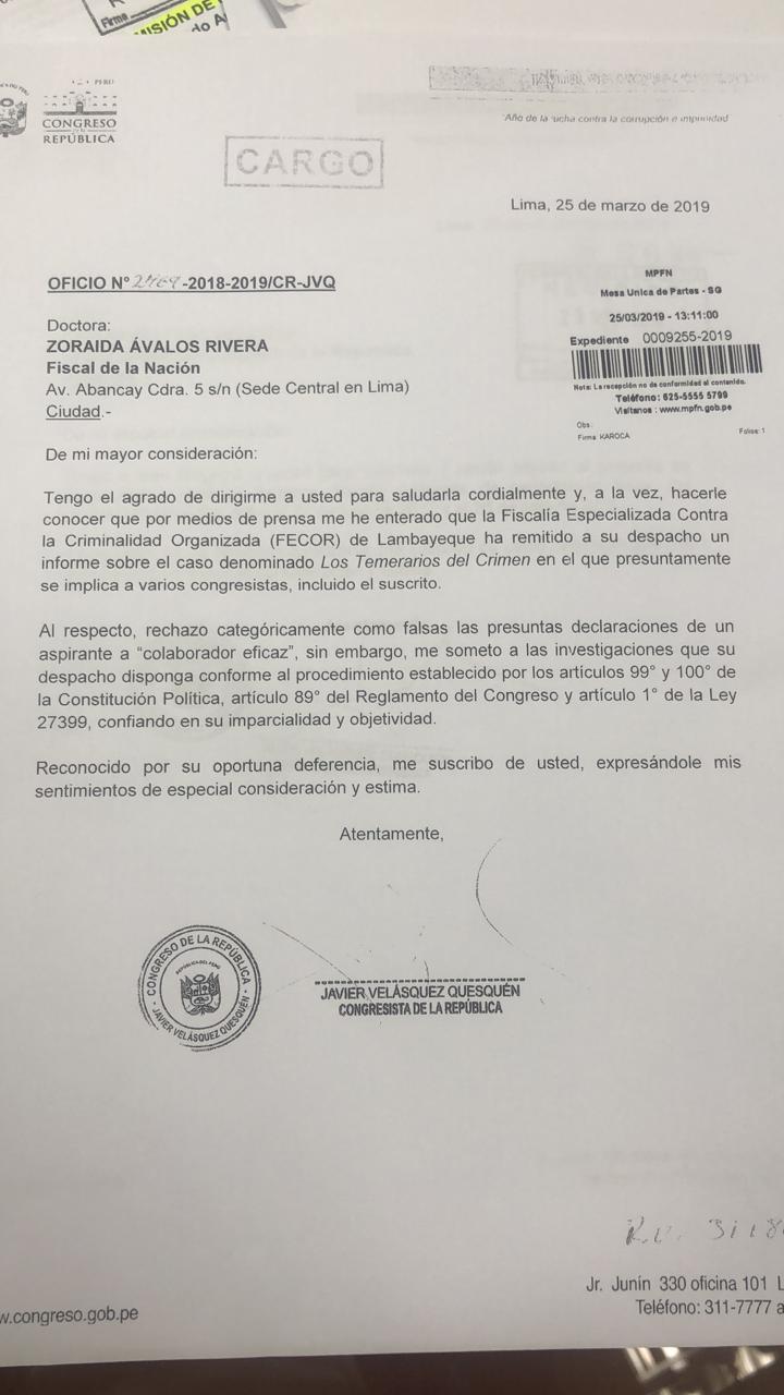 Oficio de Javier Velásquez Quesquén a la fiscal de la Nación.