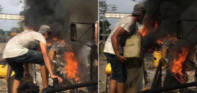 ¿Es cierto o falso que un hombre vertió gasolina sobre un camión en llamas en la frontera con Venezuela?