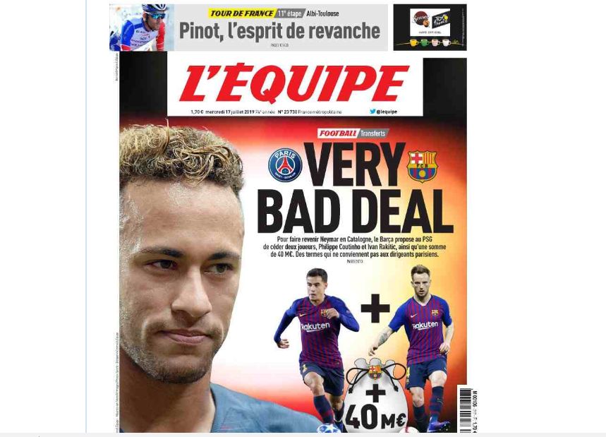 El caso Neymar es mencionado en la portada del diario francés. (Foto: L'Equipe)
