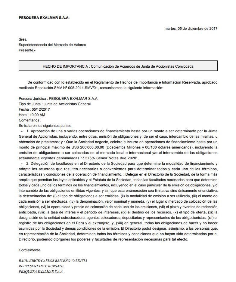 Hecho de Importancia - Pesquera Exalmar