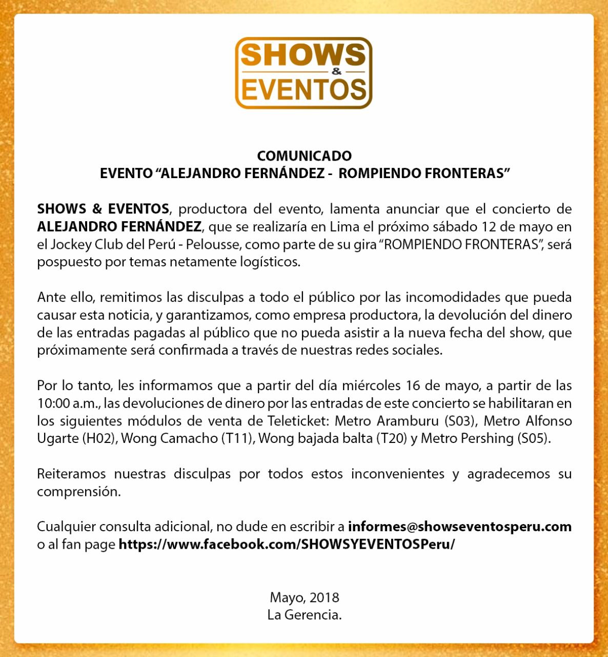 Este es el comunicado oficial de la empresa realizadora del show. (Créditos: Shows & Eventos)