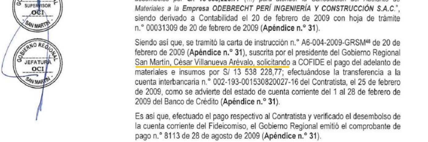 Este fue el segundo pago que tramitó César Villanueva para Odebrecht.