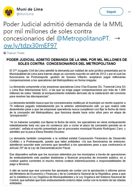 Así hizo el anuncio la Municipalidad de Lima. (Foto: Difusión)