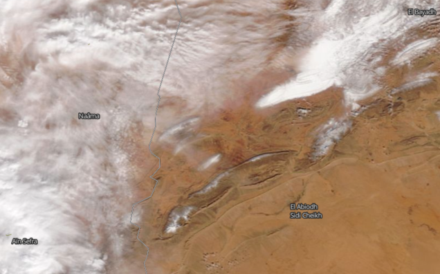 Imagen de satélite que muestra nubosidad al este de Ain Sefra el día 7 de enero. Foto: NASA Worldview