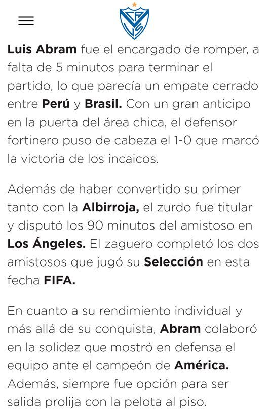 Luis Abram anotó el gol de la victoria de Perú ante Brasil y así reaccionó Vélez Sarsfield.