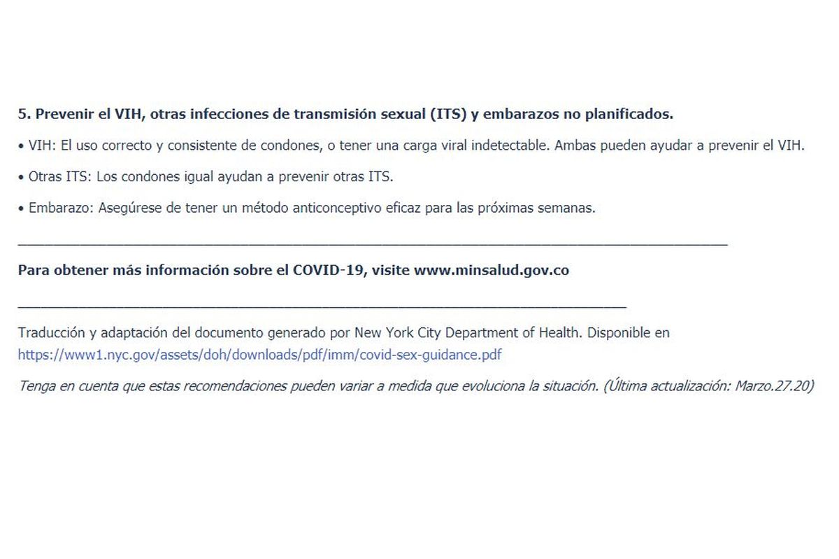Gobierno de Colombia lanzó guía de sexualidad "ABC sobre las relaciones sexuales y la enfermedad por Coronavirus (covid-19)"