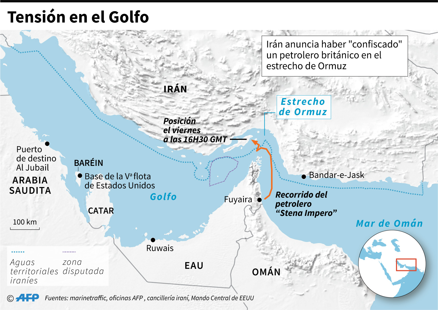 Mapa de Irán y del estrecho de Ormuz. (AFP)