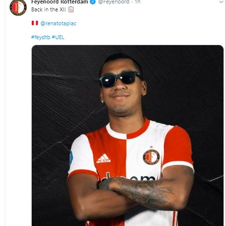 Renato Tapia es titular en duelo de Feyenoord en Europa League.