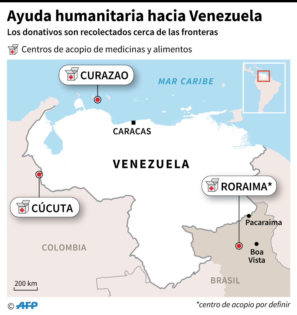 Mapa de la frontera entre Colombia y Venezuela señalando los puntos migratorios habilitados y el puente Tienditas, bloqueado por los militares venezolanos