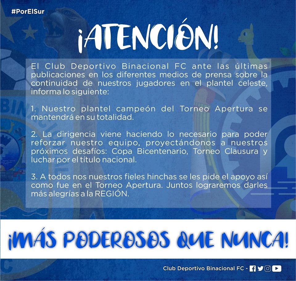 El comunicado de Binacional en el que confirma que continuará con el mismo plantel.