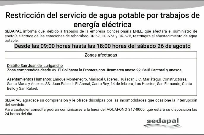 Comunicado de Sedapal indicando dónde, cuándo y por qué se registrará un nuevo corte de agua.