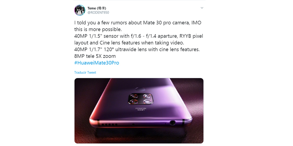 ¿Cómo serán las cámaras del Huawei Mate 30 Pro? Conoce todos los detalles del terminal que será lanzado en septiembre. (Foto: Twitter)