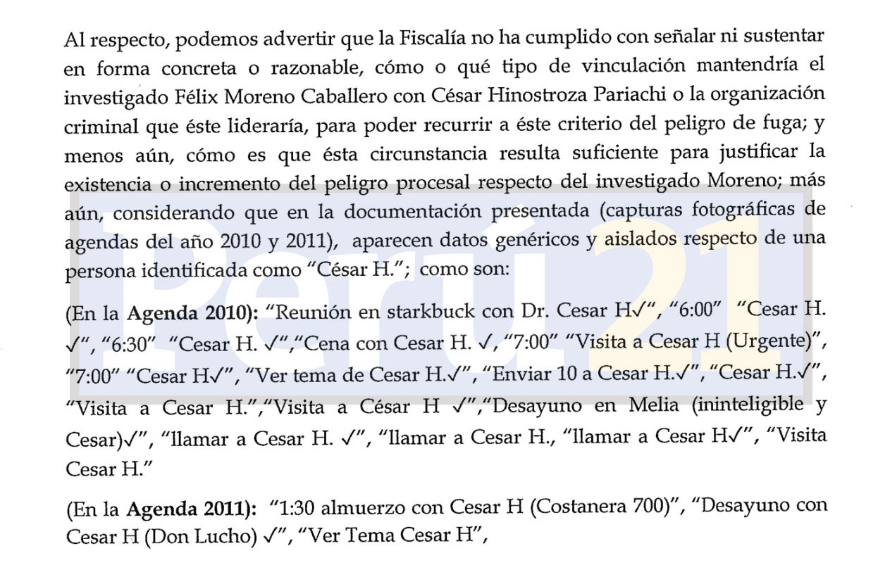 La Fiscalía entregó como prueba del peligro procesal copias de las agendas incautadas a Moreno con las citas con César Hinostroza.