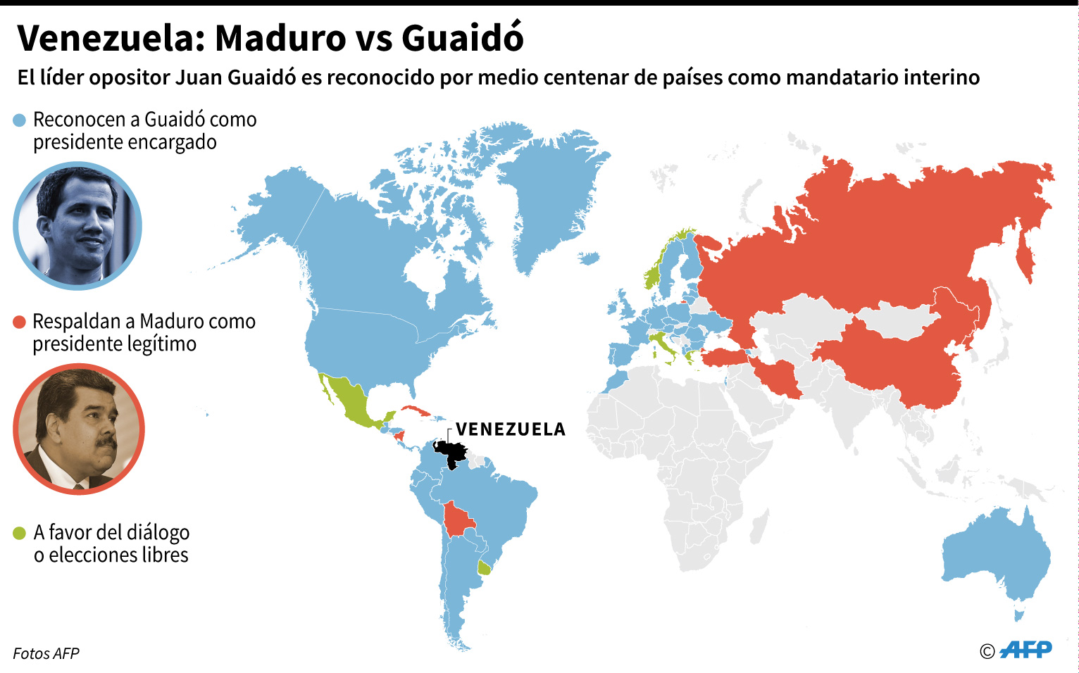 Crisis en Venezuela: Una gráfica que resume el apoyo de los países hacia Nicolás Maduro y Juan Guaidó respectivamente | Venezuela Hoy. (AFP).