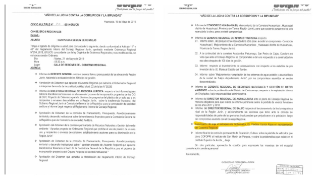 Oficio múltiple N°20-2019-GRJ/CR del 16 de mayo de 2019 (Gobierno regional de Junin).