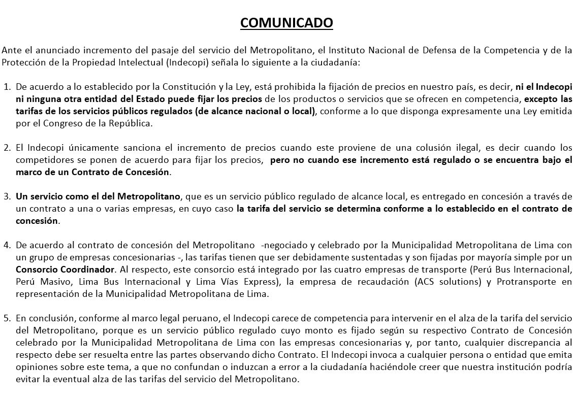 Instituto Nacional de Defensa de la Competencia y de la Protección de la Propiedad Intelectual (Indecopi). (Foto: Captura- Comunicado Indecopi)