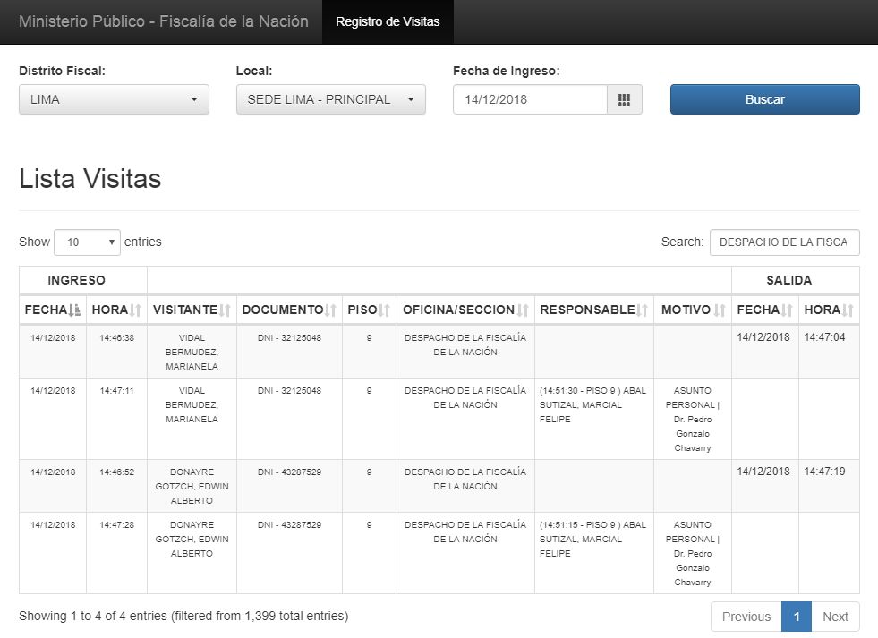 Registro de visitas tiene a Edwin Donayre en el Despacho de la Fiscalía de la Nación.
