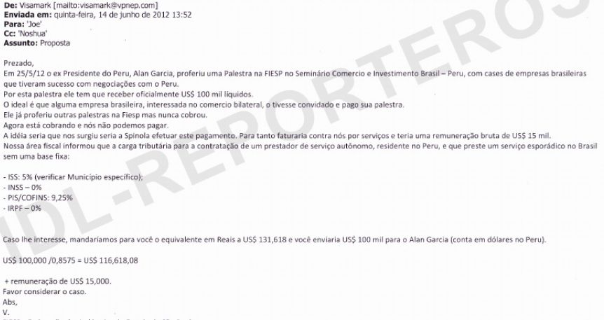El correo electrónico entre 'Visamark' y 'Joe' en el que se comienza a coordinarn el pago de US$100 mil a favor de Alan García. (Captura: IDL-Reporteros)