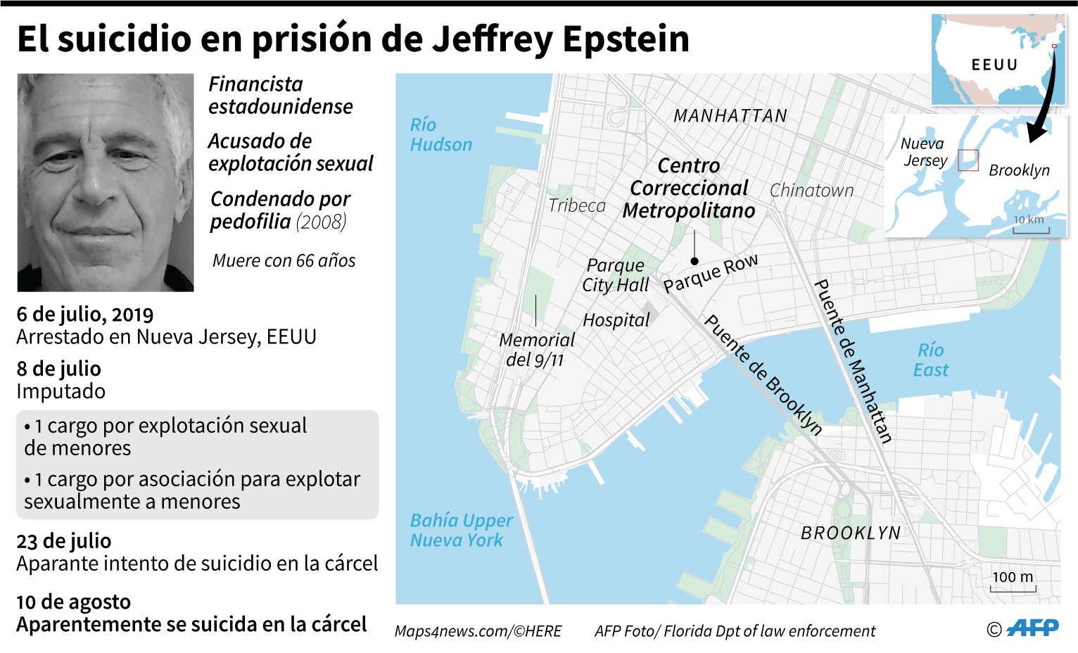 Mapa de Manhattan y perfil del millonario estadounidense Jeffrey Epstein, muerto en la cárcel por aparente suicidio y acusado de explotación de menores (AFP)
