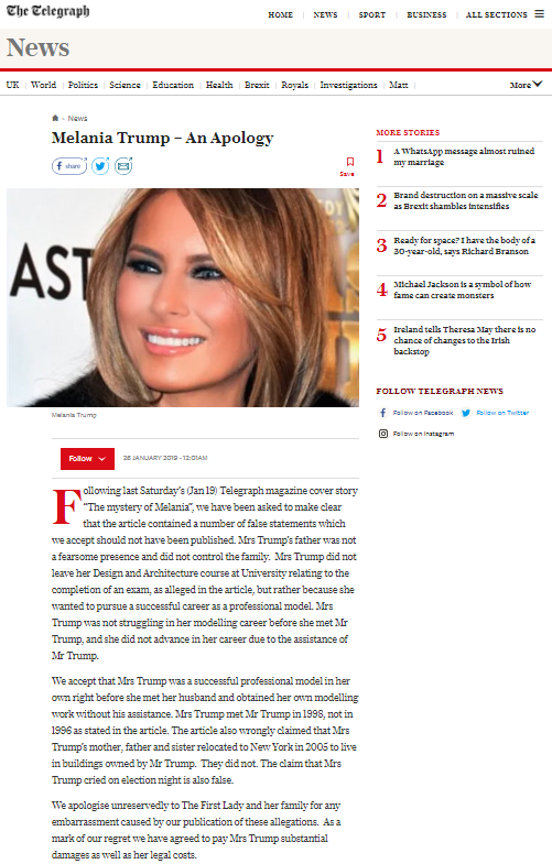Disculpa a Melania Trump del medio británico "The Daily Telegraph". (Foto: www.telegraph.co.uk)
