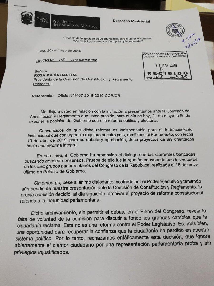 Oficio remitido por el premier a la presidenta de la Comisión de Constitución.