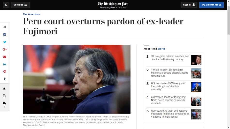 "Tribunal peruano anula indulto al ex presidente Fujimori", indica "The Washington Post". (Foto: washingtonpost.com)