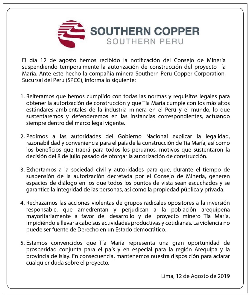 Primer pronunciamiento de Southern Copper, tras la suspensión de la licencia de Tía María. (Fuente: Southern)