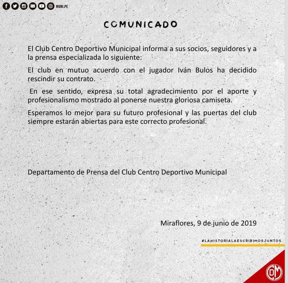 El comunicado de Deportivo Municipal sobre Iván Bulos.