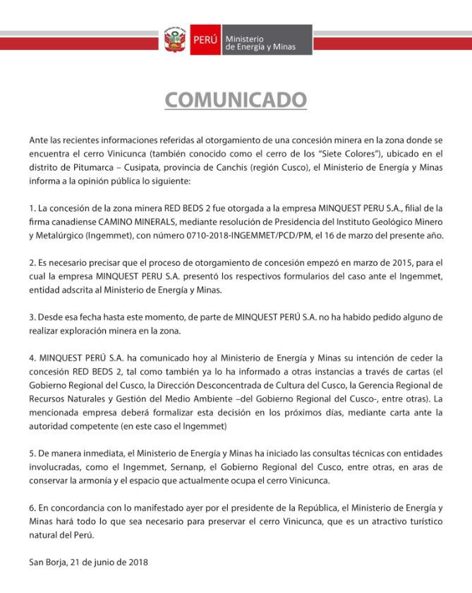 Ministerio de Energía y Minas emite comunicado sobre concesión minera del cerro de 'Siete Colores'. (Twitter/MEM)