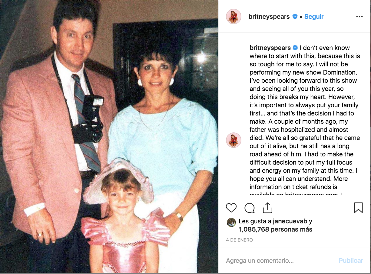 "Tuve que tomar la difícil decisión de poner mi atención y energía en mi familia en este momento", comenta la cantante. (@britneyspears / Instagram)
