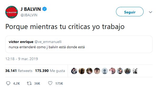 J Balvin respondió de manera épica a un usuario de Twitter que cuestionó su éxito e intentó minimizarlo.(Foto: Captura de pantalla)