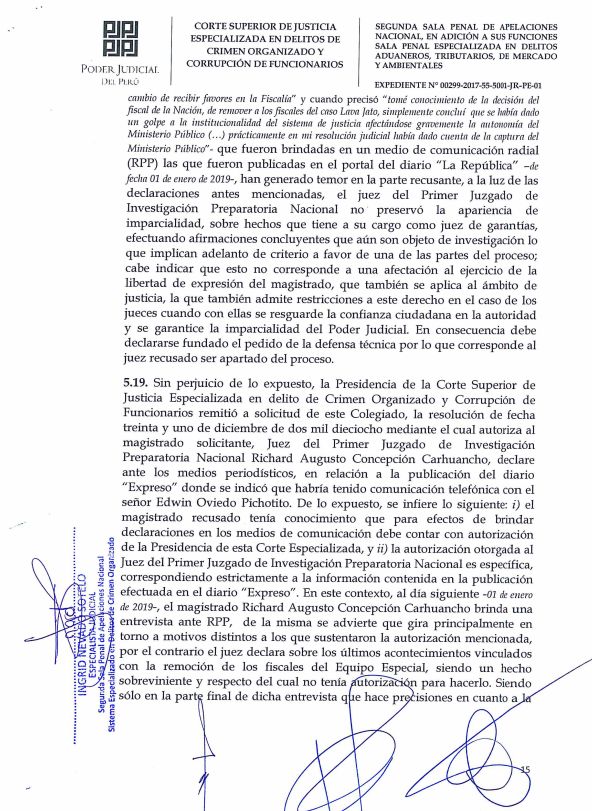 Resolución de Segunda Sala de Apelaciones sobre recusación a juez Richard Concepción Carhuancho.