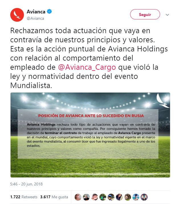 Avianca decide despedir a trabajador colombiano que infringió normas en Mundial de Rusia. (Twitter/@Avianca)