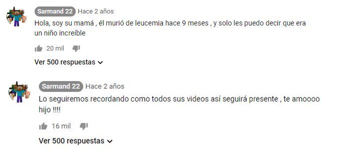 La madre de "Sarmand 22" confirmó su fallecimiento en los comentarios de su último video en YouTube.