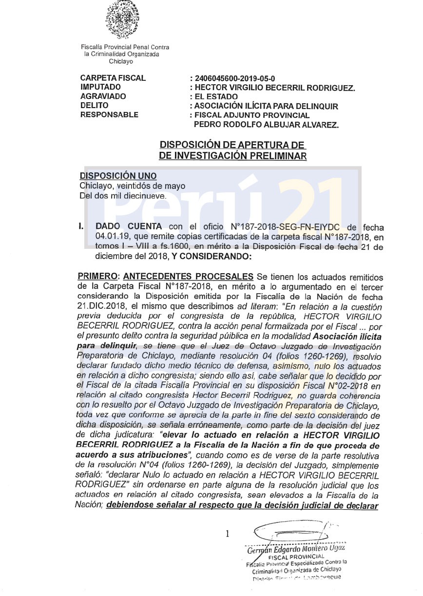 Disposición de apertura de investigación preliminar seguida contra Héctor Becerril (Perú21)