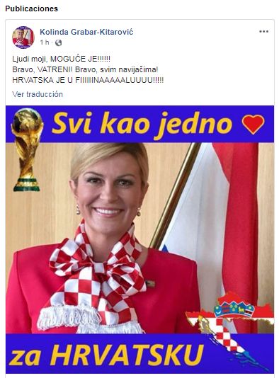 Kolinda Grabar-Kitarović celebra clasificación de Croacia a la final de Rusia 2018. (Captura de Facebook)