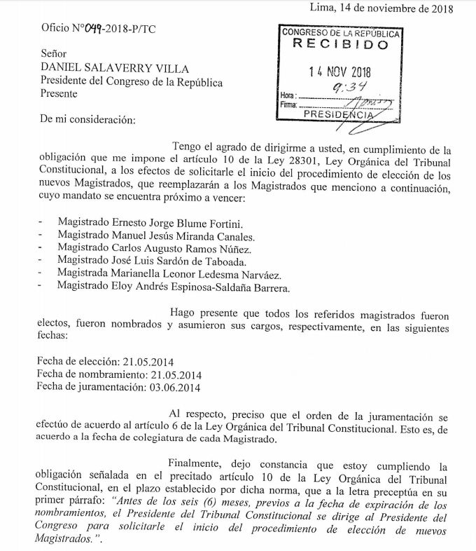 Ernesto Blume envió este oficio a Daniel Salaverry, presidente del Congreso, para que se elijan a nuevos magistrados del TC antes de junio del 2019. (Foto: Twitter)
